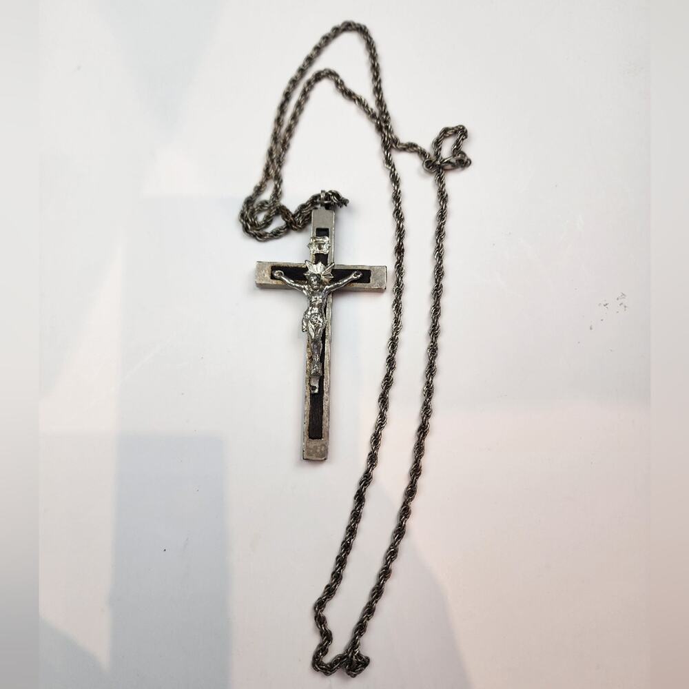Antique Religious Necklace French Silver Plated Twist Chain 35" & 3.5" Crucifix